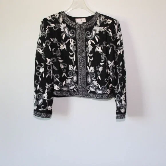 Vintage Laurence Kazar Silk Beaded Embroidered Blazer Jacket Black XL H13428 - Picture 12 of 12